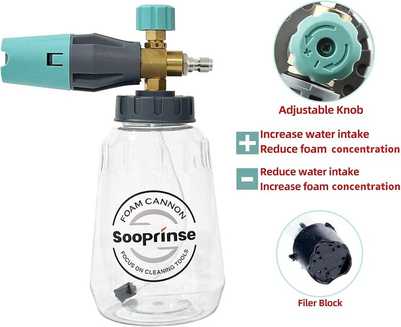 Sooprinse Pressure Washer Gun with Foam Cannon Snow Foam Lance, Short Pressure Washer Gun with Foam Cannon with 1/4 Inch Quick Connector, Power Washer Foam Blaster with Car Wash Mitt, 4000 PSI,1 Liter - Image 4